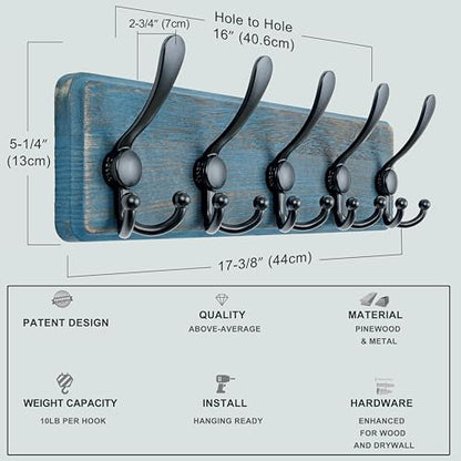 Dseap Coat Rack Wall Mount - Heavy-Duty Robust Barnwood-Style Wooden Wall Coat Hanger Hook Rail with 5 Triple Hooks for Winter Coats Hat Jacket Clothing, Weathered Blue & Black, Pack of 2 - color: Weathered Blue & Black, size: L=17.4"