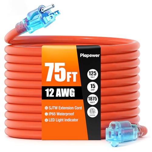 Outdoor Extension Cord 75 FT Waterproof, 12/3 Gauge Heavy Duty 3 Prong Power Cord with Lighted Indicator End, 15A 125V 1875W SJTW, ETL Listed, Great for Lawn/Garden/Home(Orange) - color: Orange, size: 75 FT