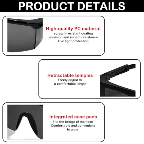 UV Light Safety Glasses Protection,UVC 400 Blue Light Blocking Protective Glasses Goggles ,Ansi Z87 Adjustable Temples Eyewear, Shaded Shatterproof Scratch Resistant Safe Sunglasses Black Color - color: Light Black