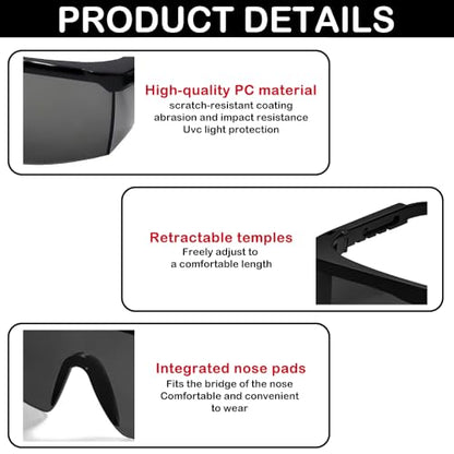 UV Light Safety Glasses Protection,UVC 400 Blue Light Blocking Protective Glasses Goggles ,Ansi Z87 Adjustable Temples Eyewear, Shaded Shatterproof Scratch Resistant Safe Sunglasses Black Color - color: Light Black
