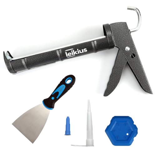 Caulk Gun,No-drip Silicone Caulking Gun, Caulking Tools Grout Scraper&Putty Knife For Kitchen Bathroom Sink Joint,With Gift Box Works 10 OZ Tubes Black-siliver