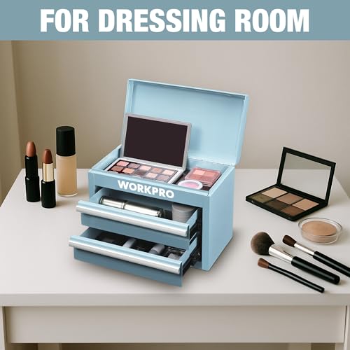 WORKPRO Metal Mini Tool Box, Top Tool Chest containing Two Drawers with Ball Bearing Slides, PVC Drawer Liners and PP Feet Pads, Durable Cold Rolled Steel Small Toolbox for Multi-Purpose Storage - color: Macaron Blue