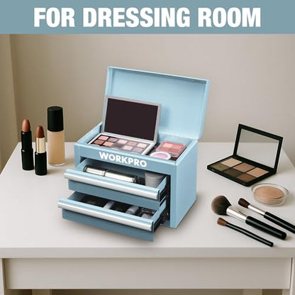 WORKPRO Metal Mini Tool Box, Top Tool Chest containing Two Drawers with Ball Bearing Slides, PVC Drawer Liners and PP Feet Pads, Durable Cold Rolled Steel Small Toolbox for Multi-Purpose Storage - color: Macaron Blue