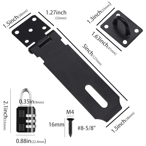2Pcs Door Locks Hasp Latch,5 Inch 304 Stainless Steel Safety Packlock Clasp Hasp Lock Latch,Hinge Lock Padlock with Screws for Gates,Doors,Cabinets, Closets and More(Black) - style: Black-5INCH