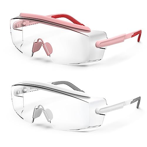 Anti Fog Safety Glasses Safety Goggles Over Glasses Protective Glasses with Anti Scratch Lenses Adjustable - color: 2 Pack (Pink + White)
