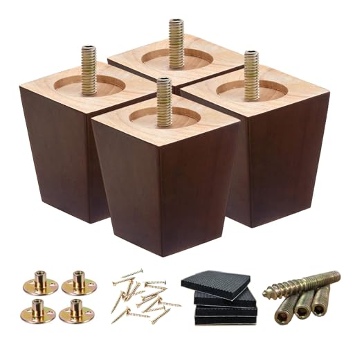 SHANJUE Wood Furniture Legs 3 Inch Set of 4, Square Brown Couch Legs Replacement, Mid Century Modern Sofa Legs with Anti Slip Couch Feet Pads for Dresser, Recliner and Coffee Table - size: 3 inches