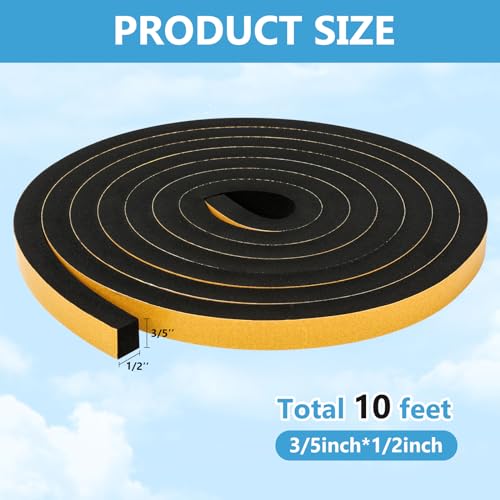 Black Weather Stripping Door Seal Strip (3/5 Inch X 1/2 Inch X 10Feet), Strong Adhesive, Lightproof, Soundproof, Weatherproof Foam Tape Insulation for Sliding Door, Front Door Frame, Windows - size: 3/5 Inch X 1/2 Inch X 10Feet