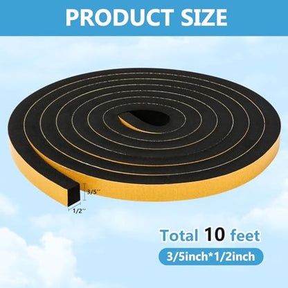 Black Weather Stripping Door Seal Strip (3/5 Inch X 1/2 Inch X 10Feet), Strong Adhesive, Lightproof, Soundproof, Weatherproof Foam Tape Insulation for Sliding Door, Front Door Frame, Windows - size: 3/5 Inch X 1/2 Inch X 10Feet