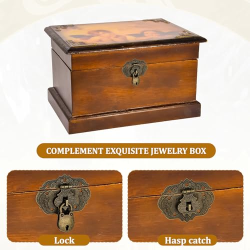 Antique Engraved Decorative Hasp Latch Lock and Mini Bear Padlock Kit Jewelry Box Hinges and Latches with Key and Mounting Screws Bronze Embossing Latch Hinges for Craft Wooden Furniture Projects
