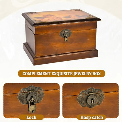 Antique Engraved Decorative Hasp Latch Lock and Mini Bear Padlock Kit Jewelry Box Hinges and Latches with Key and Mounting Screws Bronze Embossing Latch Hinges for Craft Wooden Furniture Projects
