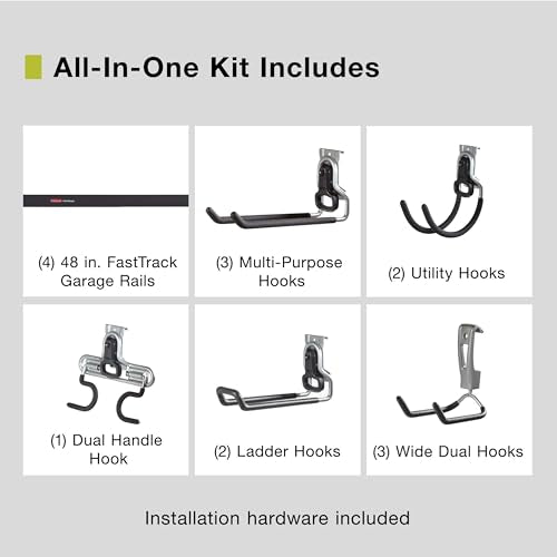 Rubbermaid 15-Piece FastTrack Garage Wall-Mounted Storage Kit, 4 Rails and 11 Hooks, for Home/House/Tool/Sports/Equipment/Utility Purposes - size: 4 Rails, 11 Hooks