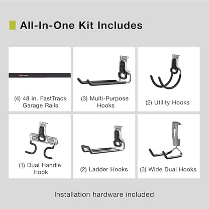 Rubbermaid 15-Piece FastTrack Garage Wall-Mounted Storage Kit, 4 Rails and 11 Hooks, for Home/House/Tool/Sports/Equipment/Utility Purposes - size: 4 Rails, 11 Hooks