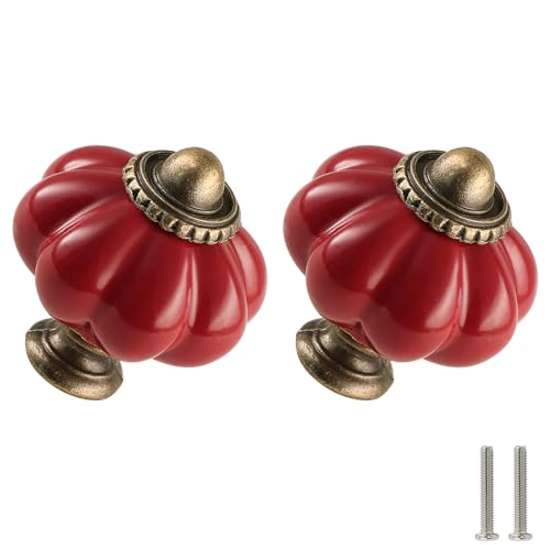 Dark Red Pumpkin Knobs 2 Pack Ceramic Cabinet Knobs Vintage Drawer Pulls - Antique Dresser Pulls with Screws for Closet Drawer Cupboard Cabinet and DIY Home Project - color: Dark Red