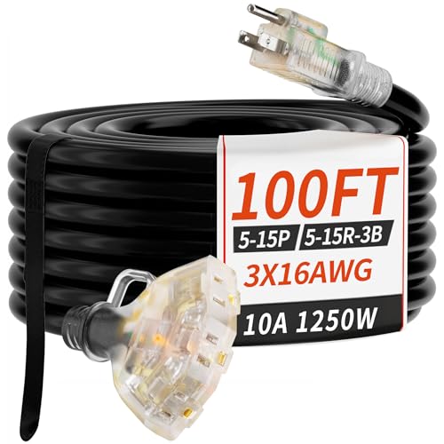 PlugSaf 100 FT 16/3 Gauge Outdoor Extension Cord with Multiple Outlets Light Indicator, Flexible 3 Outlet Weatherproof Extension Cord Waterproof Black, 10A 1250W 16AWG SJTW, ETL Listed - color: Black, size: 100FT