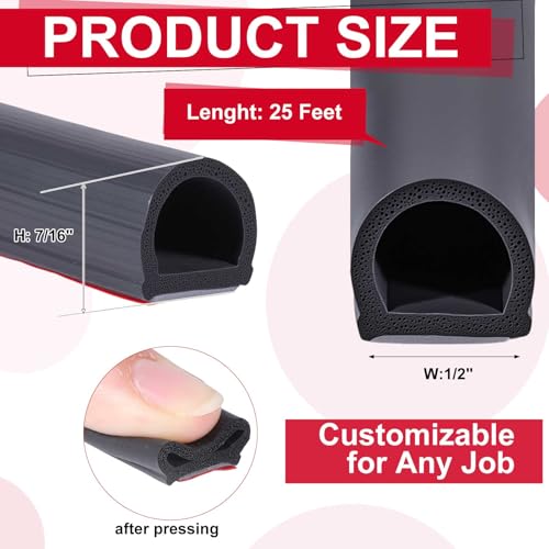 Pangda 25Ft D Shape Rubber Weather Stripping Foam Self-Adhesive EPDM Door Seal Strip for Noise Reduction Waterproof Dustproof for Cars Boats Truck RVs Windows Doors (1/2" W × 7/16" H) - size: 25ft L, style: 1/2" W × 7/16" H