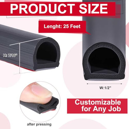 Pangda 25Ft D Shape Rubber Weather Stripping Foam Self-Adhesive EPDM Door Seal Strip for Noise Reduction Waterproof Dustproof for Cars Boats Truck RVs Windows Doors (1/2" W × 7/16" H) - size: 25ft L, style: 1/2" W × 7/16" H