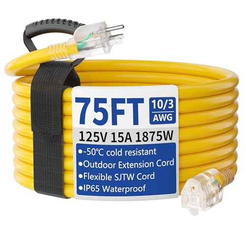 75ft Outdoor/Indoor Extension Cord with Lighted 10/3 Gauge Ultra 3 Prong Heavy Duty SJTW, Waterproof, Flexible Cold-Resistant,15A 125V 1875W, Yellow - size: 75FT