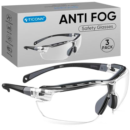 TICONN Anti-Fog Safety Glasses for Men and Women, ANSI Z87.1 Scratch Proof Eye Goggles with Adjustable Arms and UV Protection - style: 3 Pack/Clear
