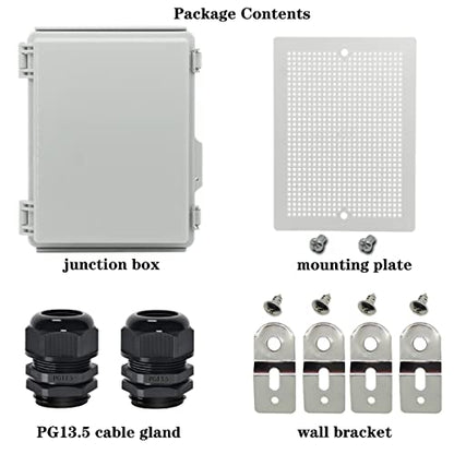 Zulkit Junction Box,IP67 Waterproof Electrical Box Hinged Cover Stainless Steel Latch Plastic Enclosure for Project with Mounting Plate Wall Bracket and 2 Cable Gland Grey 8.7"x6.7"x4.3"/220x170x110mm - color: Grey Cover, size: 8.7"x6.7"x4.3"