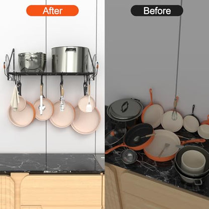 VyGrow 28 Inch Pot Rack Wall Mounted, Pots and Pans Organizer with 12 Hooks and 2 Pot Lid Holders, Heavy Duty Steel Pot and Pan Hanger for Kitchen Cookware Utensils Storage 34.7" Lx13 Wx12.6 H - color: 28"W 1 Tier Black