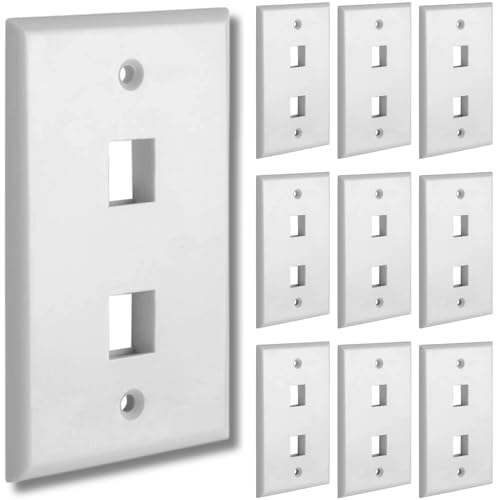Cmple - 2 Port Keystone Wall Plate White (10 Pack) with Standard Size Keystone Jack Plate Insert 1 Gang Ethernet Wall Plate for RJ45 Keystone, Modular Inserts - color: 2 Port White, size: 10 Pack