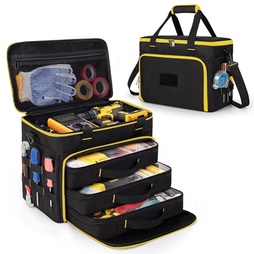 Marscamd 2 Layers Tool Bag with 3 Clear Window Removable Cases, Heavy Duty Tool Tote with Molle Webbing and Detachable Shoulder Strap, Black/Yellow - color: Black/Yellow