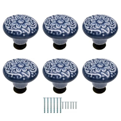 6 Pcs Blue Ceramic Kitchen Cabinet Knobs, Retro Ceramic Dresser Knobs, Closet Door Knobs Handles for Cabinet, Drawer, Cupboard