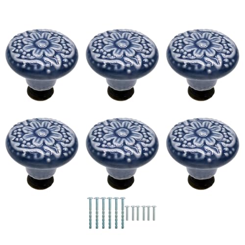 6 Pcs Blue Ceramic Kitchen Cabinet Knobs, Retro Ceramic Dresser Knobs, Closet Door Knobs Handles for Cabinet, Drawer, Cupboard
