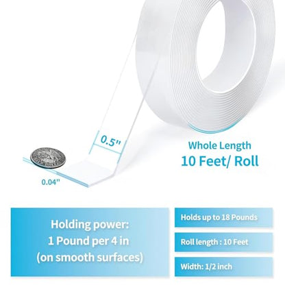 Double Sided Tape Heavy Duty - Nano Removable Adhesive Mounting Tape Wall Decor, Clear Sticky Picture Hanging Transparent WallTapes Strips for Poster Carpet Art Craft Home Office School (0.5"x10FT) - size: 1/24" x 1/2" x 10'