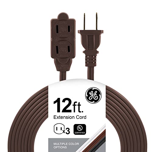 GE 3-Outlet Extension Cord with Multiple Outlets 12 Ft Power Strip 2 Prong 16 Gauge Twist-to-Close Safety Covers Indoor Extender UL Listed Brown 51952 - color: Brown, size: 12 Ft