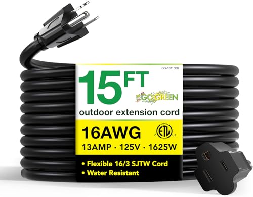 Power By GoGreen Go Green Power Inc. (GG-13715BK) 16/3 SJTW Outdoor Extension Cord, Black, 15 ft - color: Black, size: 15 Ft, style: 16/3