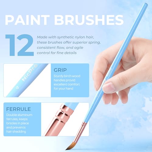 Nicpro 12pcs Artist Paint Brush Set, Aesthetic Pastel Paintbrushes Craft Paint Brushes for Acrylic Painting, Oil, Watercolor, Gouache, Tempera, Face, Body, Art Supplies for Artists and Beginners - color: Macaron