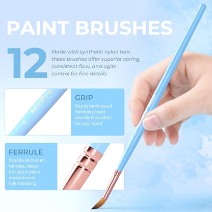 Nicpro 12pcs Artist Paint Brush Set, Aesthetic Pastel Paintbrushes Craft Paint Brushes for Acrylic Painting, Oil, Watercolor, Gouache, Tempera, Face, Body, Art Supplies for Artists and Beginners - color: Macaron