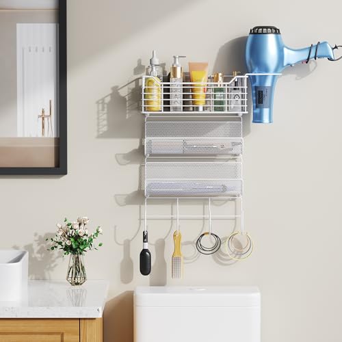 VITVITI Metal Hair Tool Organizer Wall Mount, Hair Dryer Holder with 3 Tier Shelf Basket Hooks, Bathroom Hair Styling Tool Organizer for Curling Iron/Blow Dryer/Straightener, White - color: 4 Tiers White