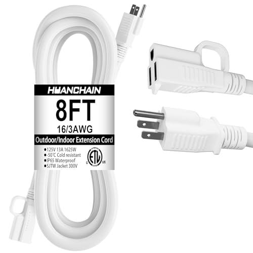 HUANCHAIN Indoor Outdoor White Extension Cord 8 ft Waterproof, 16/3 Gauge Flexible Cold-Resistant Appliance Extension Cord Outside, 13A 1625W 16AWG SJTW, 3 Prong Electric Cable, ETL - color: White, size: 8 FT, style: 16/3 Extension Cord