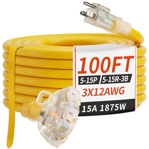PlugSaf 100 FT 12/3 Gauge Outdoor Extension Cord with Multiple Outlets Light Indicator, Flexible 3 Outlet Weatherproof Heavy Duty Extension Cord Waterproof Yellow, 15A 1875W 12AWG SJTW, ETL Listed - size: 100FT