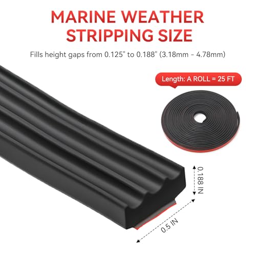 Ribbed Foam Rubber Seal, EPDM Rubber Weather Stripping with 3M 4011 Acrylic Foam Tape Self-Adhesive Bulkhead Seal Gasket Strip for Garage Door/Window/RV/Boat/Automotive/Marine (0.5" W, 25Ft)