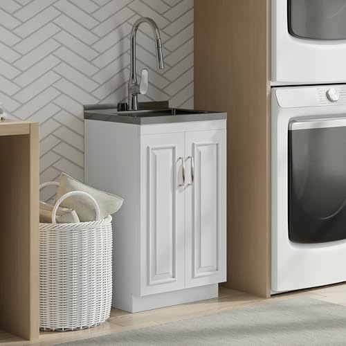 SIMPLIHOME Darwin All-in-One 20 inch Wide Utility Sink and Laundry Cabinet in Pure White Finish, Transitional Stainless Steel Sink Cabinet for Laundry Rooms with High-Arch Chrome Faucet and Storage - size: 20 Inch, style: Stainless Steel Sink
