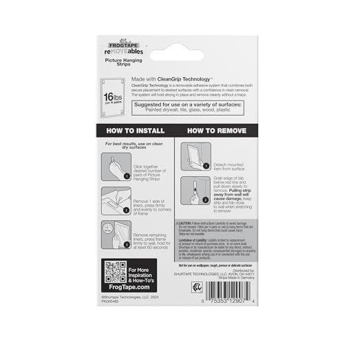 FrogTape reMOVEables Large Picture Hanging Strips, Damage-Free Removable Adhesive Wall Strips, Picture Hangers, Stick On Wall Mounting for Frames, Canvas, Home Décor, White, 12 Pairs (24 Pieces) - size: 12 Pairs (Pack of 2), style: Large
