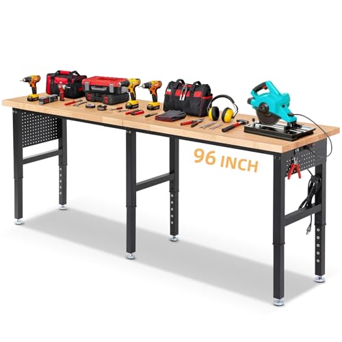 ENJOYWOOD Work Bench 96 Inch Heavy Duty Work Table with Power Outlets & Extended Pegboard Adjustable Height 5000 Lbs Load Capacity Workstation for Garage, Workshop, Home, Office - size: XX-Large