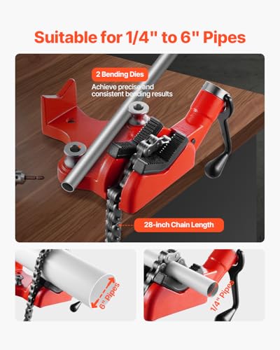 VEVOR Heavy-Duty Pipe Chain Vise, 1/4" - 6" Pipe Capacity, 28" Rugged Chain & Cast Iron Base, Industrial-Grade Pipe Clamping for Plumbing, Automotive Repairs, Metalworking - size: 1/4" - 6" Bench Mount