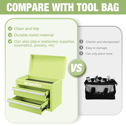WORKPRO Metal Mini Tool Box, Top Tool Chest containing Two Drawers with Ball Bearing Slides, PVC Drawer Liners and PP Feet Pads, Durable Cold Rolled Steel Small Toolbox for Multi-Purpose Storage - color: Macaron Green