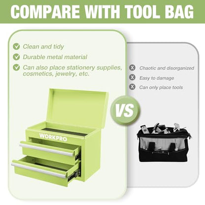 WORKPRO Metal Mini Tool Box, Top Tool Chest containing Two Drawers with Ball Bearing Slides, PVC Drawer Liners and PP Feet Pads, Durable Cold Rolled Steel Small Toolbox for Multi-Purpose Storage - color: Macaron Green