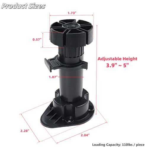 Adjustable Cabinet Levelers, Height Range from 3.9 to 5 Inches, Furniture Leveler Legs, Black Plastic Leveling Feet for Kitchen Cupboard Table Shelves Nightstands, 4Pcs - size: 3.92-5 Inch