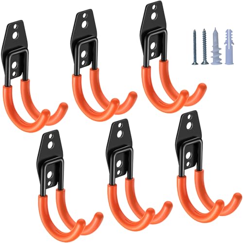 HUPBIPY Heavy Duty Garage Hooks 6 Pack, J Shaped Hanger, Wall Mounted Storage System, Power and Garden Tool Organizer, for Hanging Ladders, Bikes Tires, Hose, Bulk Items - color: Orange Small J Hook