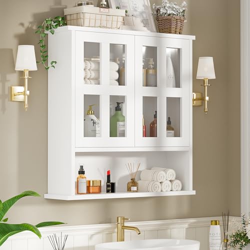 Modern Hanging Bathroom Cabinet, Sturdy Wooden Medicine Cabinet with Buffering Hinge & Anti-Scratch Door, Space-Saving Wall Mounted Over Toilet (Cross-Panel Door) - style: Cross-Panel Door