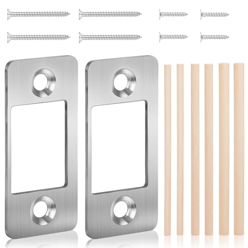 2 Pack Door Striker Plates Large Hole Deadbolt Strike Plate Stainless Steel Round Corner Latch Restorer StrikePlate with Wood Dowel Strips,Universal Backplate for Home Door