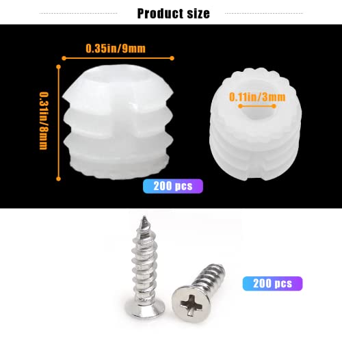 200 Pack Plastic Hinge Dowel Inserts with Screws, White Dowels Door Hinge for Cabinet Door Drawer Bedside Table Repair Installation Replacement Bathroom Kitchen