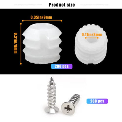 200 Pack Plastic Hinge Dowel Inserts with Screws, White Dowels Door Hinge for Cabinet Door Drawer Bedside Table Repair Installation Replacement Bathroom Kitchen