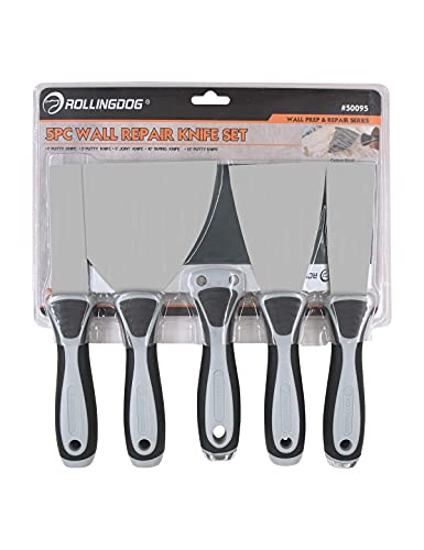 ROLLINGDOG 5 PC Putty Knife Set- Include 1", 3" and 5" Spackle Knife, 1.5" Chisel Scraper, 10" Taping Knife for Drywall Repair